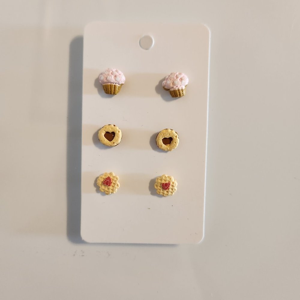 Three Pairs of Cupcake Stud Earrings. Pink, Brown, and Tan.